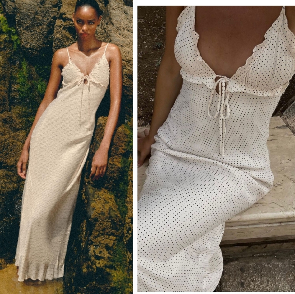 Zara Cream Ribbed Tie Front Maxi Dress